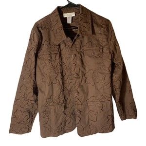 Susan Graver Womens Jacket Brown Floral Embroidery 4 Front Pockets Size Large